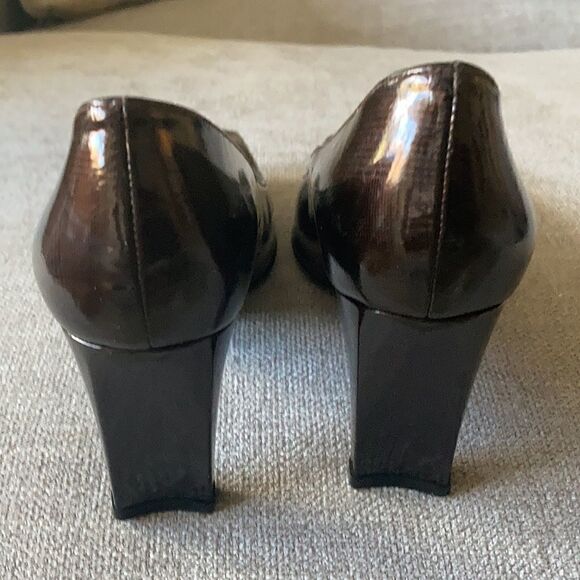 Charles Jourdan Paris Brown Patent Leather Pumps with 3 in Block Heels Size 4.5M - Picture 4 of 8